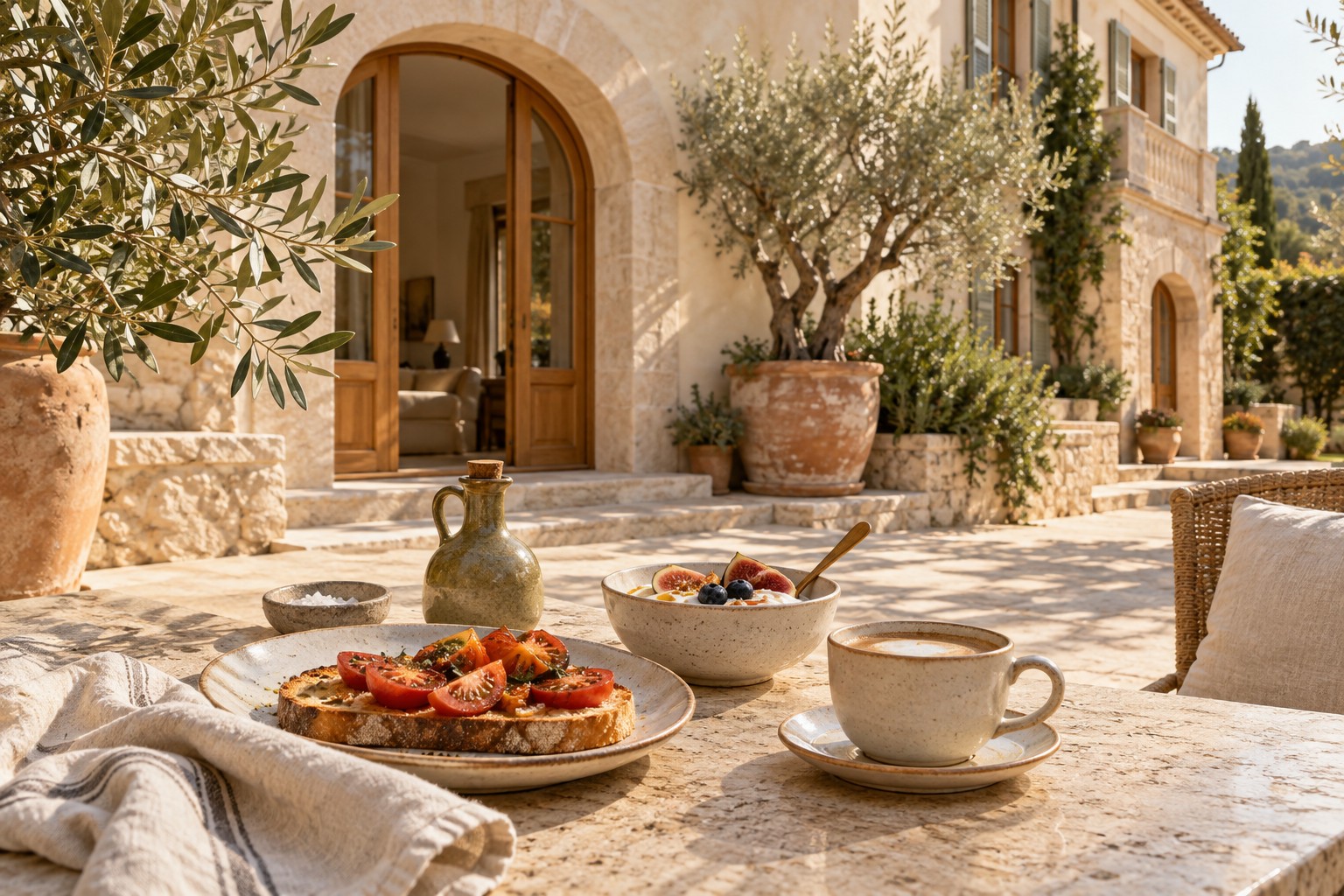 Bread, tomatoes, fruit and coffee on the CASA NOMA breakfast terrace