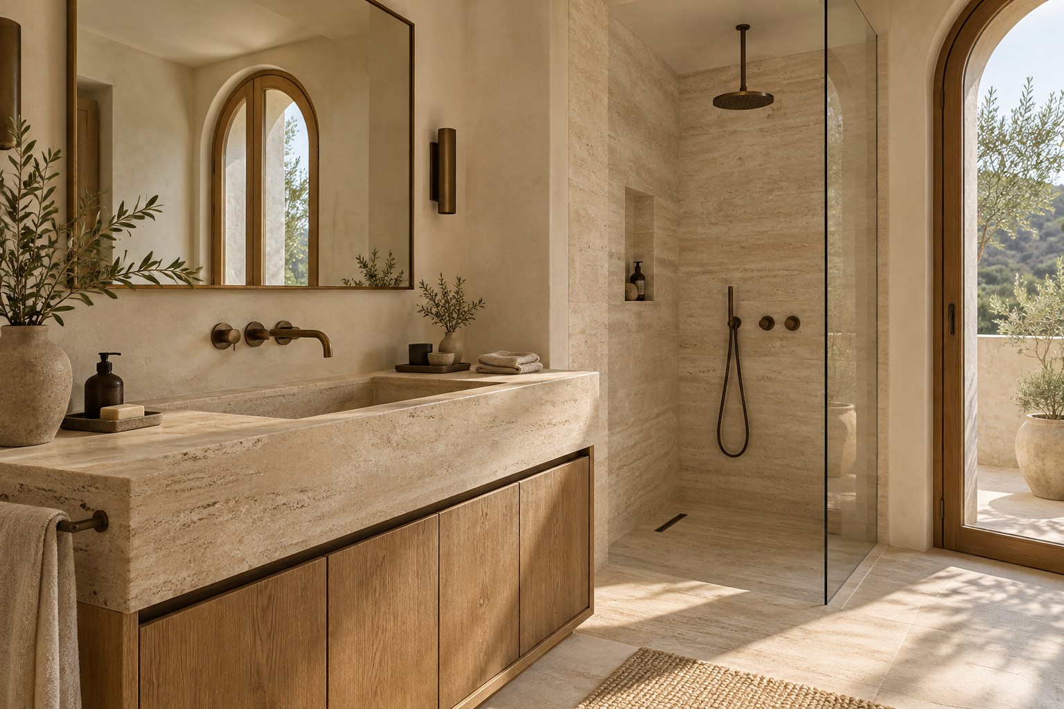 Travertine basin, bronze fittings and walk-in shower in a warm plaster bathroom