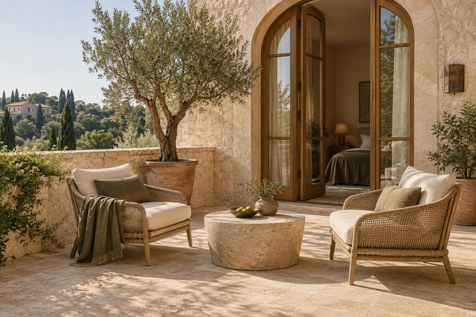 A quiet shaded terrace among olive trees